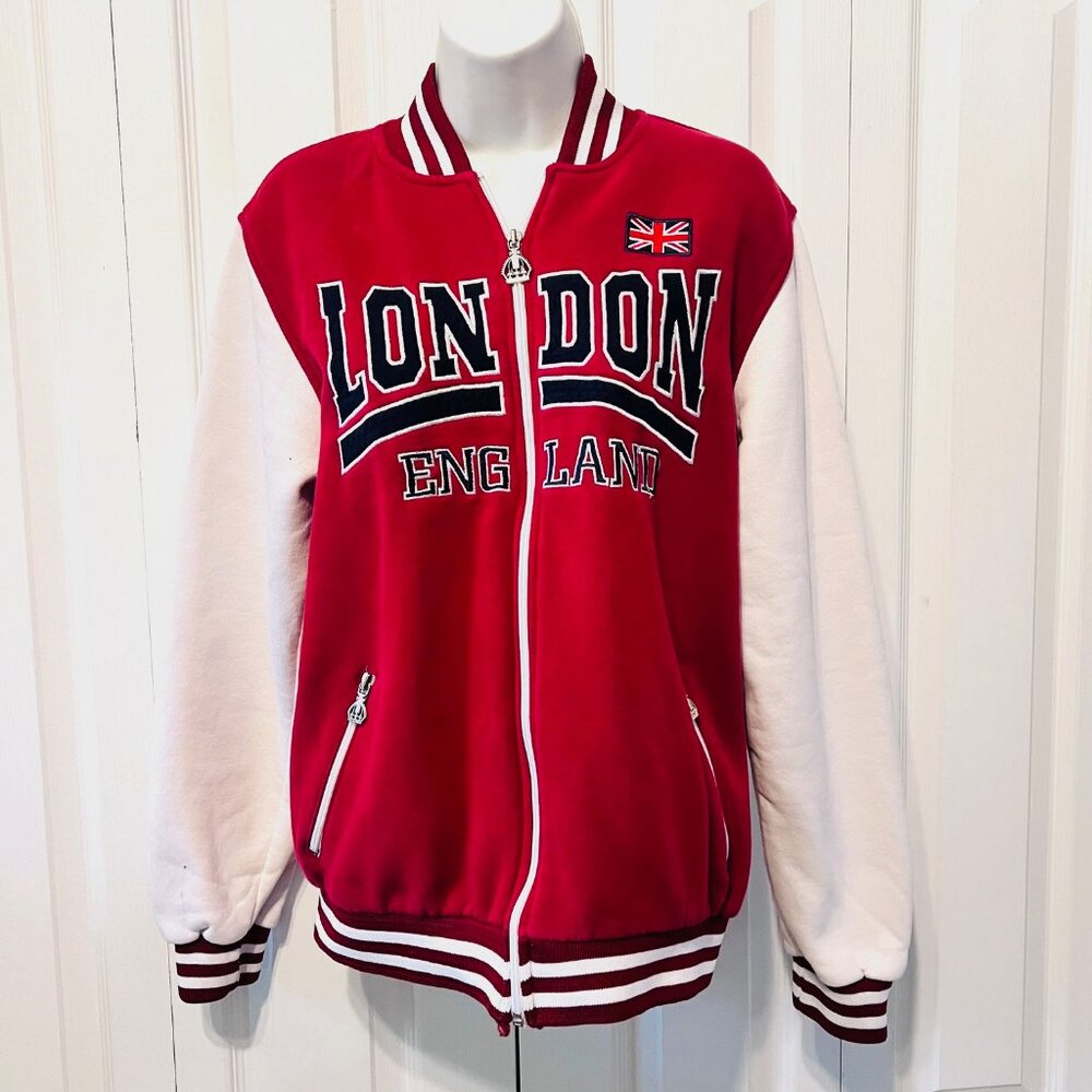 G Crown-London England Red/White Varsity Full Zip Up Jacket-Medium-Women's